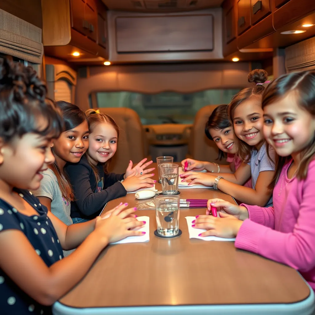 A photorealistic image of a luxurious RV interior, transformed into a spa. Soft, warm lighting illuminates a group of young women, dressed in plush robes, enjoying facials and manicures. The spa features plush, white towels, shimmering silver accents, and elegant floral arrangements. The background shows the RV's spacious interior, with large windows revealing a scenic countryside view. The overall mood is relaxing, luxurious, and celebratory. Capture the image in a high-resolution, photorealistic style, emphasizing the detail and elegance of the spa setting.