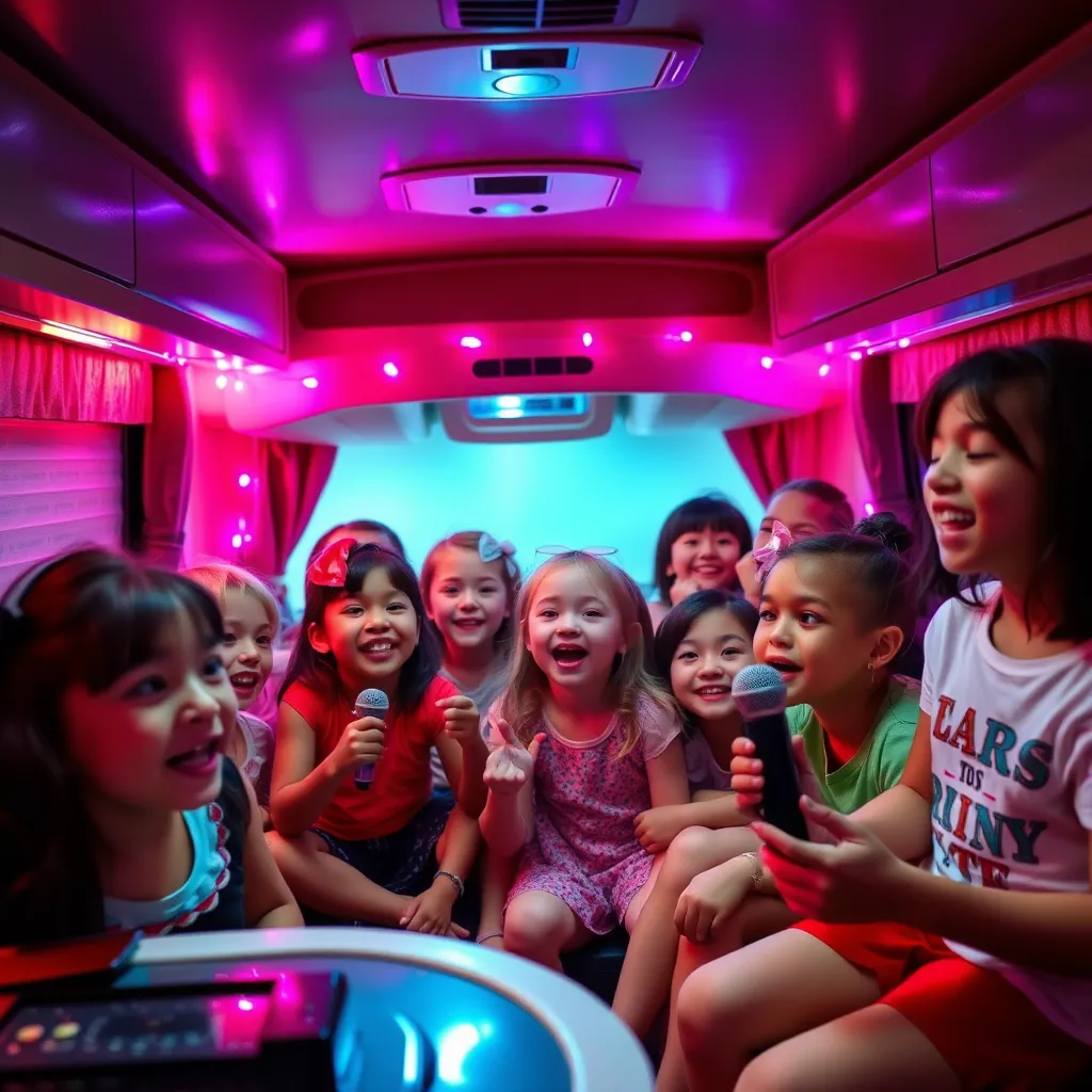 A vibrant, energetic image of a party inside an RV.  The RV is illuminated with colorful disco lights, creating a dynamic atmosphere. A group of friends are laughing and singing their hearts out on a professional karaoke system, surrounded by flashing lights, confetti, and balloons.  The RV interior features comfortable seating, a bar, and a dance floor. The image should have a dynamic composition, capturing the energy and excitement of the karaoke party. The style should be photorealistic, with an emphasis on capturing the vibrant colors and lively atmosphere.