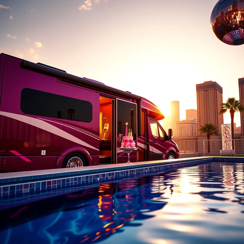 Create a photorealistic, 8K resolution header image for Divas Party SPA RV. Capture a luxurious RV with a sleek, modern exterior painted in a deep, vibrant shade of magenta.  The RV should be parked against a backdrop of a vibrant, sunny cityscape, with a sparkling pool in the foreground.  The scene should exude an aura of glamour and excitement.  The RV's interior should be subtly visible through a partially open door, revealing a lavish, party-ready environment.  The lighting should be warm and inviting, with soft golden sunlight highlighting the RV's features.  Include elegant, feminine details such as sparkling champagne flutes,  a birthday cake with pink and gold decorations, and a shimmering disco ball hanging from the ceiling.  The overall aesthetic should be luxurious, vibrant, and celebratory, reminiscent of a high-end magazine photoshoot.  Reference images include: 'modern luxury RV interior', 'glamorous birthday party', 'cityscape sunset', 'pool party setting'.  , ultra high resolution, photorealistic, 8K, hyperdetailed, cinematic lighting