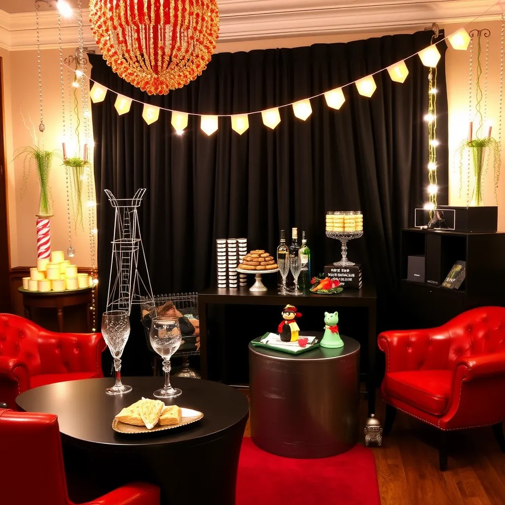 A vibrant party scene with colorful decorations, guests in glamorous attire, and a birthday cake adorned with a sparkling 'Happy Birthday' banner. The theme should be clearly visible, perhaps with a backdrop representing a specific theme like a fairy tale castle or a red carpet.