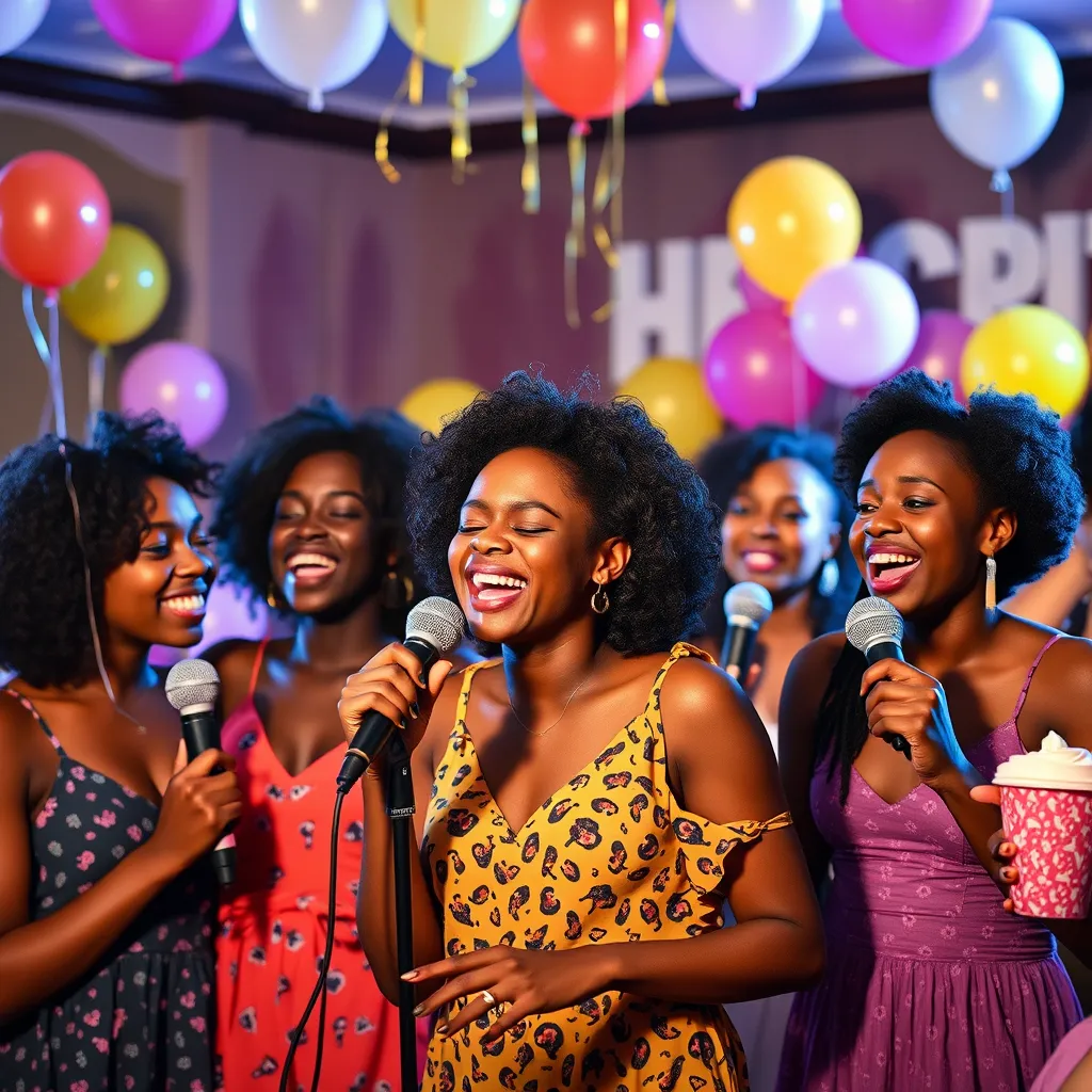A group of friends laughing and singing karaoke together in a brightly lit room with a stage setup and colorful lights.  The background could include confetti, balloons, and a backdrop featuring a fun or whimsical design.
